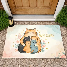 Welcome Loving Cat Family Golden Hearts Flowers - Home Decor Gift for Cat Lover Doormat
