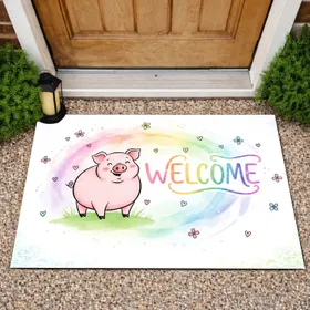 Smiling Cartoon Pig Welcome Hearts Flowers - Home Decor Gift Doormat