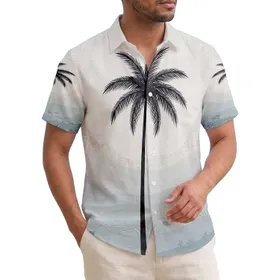 Slender Black Palm Tree Silhouette Fronds Ocean Water Sky Scene - Travel Lifestyle Gift Hawaiian Shirt