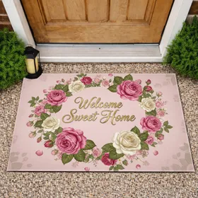 Welcome Sweet Home Script Pink Cream Roses Rosebuds Vines - Housewarming Home Gift Doormat