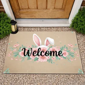 Welcome Bunny Ears Pink Flowers Mint Leaves Garland Home Decor Gift Doormat