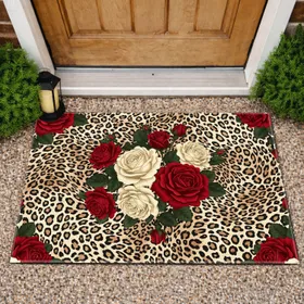 Red Cream Roses Dark Green Leaves Buds - Everyday Home Decor Gift for Flower Lover Doormat