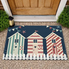 Beach Huts Bunting Flags Picket Fence - Coastal Home Decor Gift Doormat
