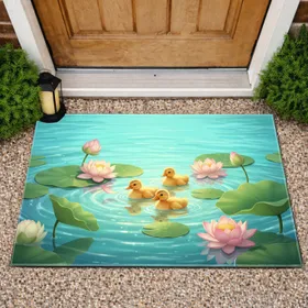 Golden Baby Ducklings Lotus Flowers Lily Pads - Water Garden Decor Gift Doormat