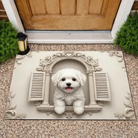 Fluffy Bichon Frise Puppy Arched Window Baroque Floral Home Decor Gift for Pet Owners Doormat