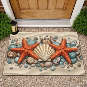 Scallop Shell Starfish Seashells Beach Pebbles - Coastal Living Home Decor Gift Doormat