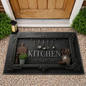 Rustic KITCHEN Lettering Antique Utensil Scrollwork Frame - Farmhouse Decor Gift Doormat