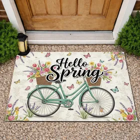 Vintage Teal Bicycle Spring Flowers Hello Spring - Farmhouse Welcome Decor Doormat