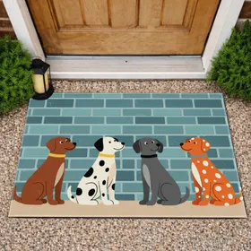 Friendly Dogs Sitting Row Muted Blue Teal Brick Wall Tan Base Home Decor Gift for Pet Lovers Doormat