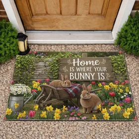 Brown Bunnies Wheelbarrow Spring Garden 'Home IS WHERE YOUR BUNNY IS' Sign - Spring Home Decor Gift Doormat