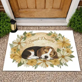 Sweet Dreams Sleeping Beagle Puppy Daisy Flowers - Farmhouse Decor Dog Lover Gift Doormat