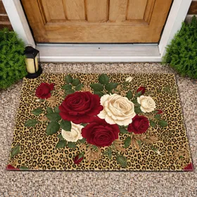 Realistic Red Ivory Roses Animal Leopard Print Foliage Housewarming Gift Doormat
