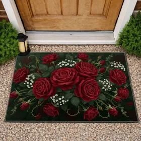Red Roses White Baby's Breath Green Foliage Floral - Home Decor Gift for Floral Lovers Doormat