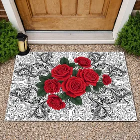Red Roses Ornate Floral Black White Baroque Scrollwork Home Decor Gift Doormat