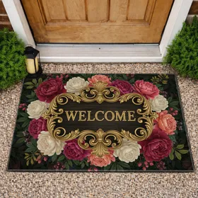 WELCOME Gold Baroque Scrollwork Peonies Garden Roses - Home Decor Gift Doormat