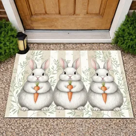 Three Rabbits Holding Carrots Botanical Sprigs Farmhouse Decor Gift for Rabbit Lover Doormat