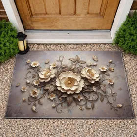 Antique Cream Gold Blossoms Sepia Leaves Butterflies - Home Decor Gift Doormat