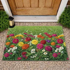 Lush Vibrant Zinnia Daisy Garden Flower Field Home Decor Gift Doormat