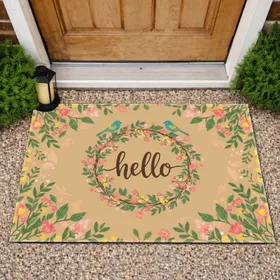 Hello Calligraphy Script Floral Wreath Teal Birds - Everyday Home Decor Gift Doormat