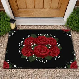 Deep Red Roses Bouquet Dark Green Foliage White Baby's Breath - Home Decor Gift Doormat