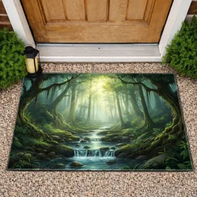 Forest Stream Sunbeams Ancient Trees Green Foliage - Home Decor Gift Doormat