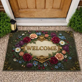 Antique Gold Welcome Plaque Floral Garden - Home Decor Gift Housewarming Gift Doormat