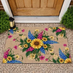 Golden Daisy Blue Lupine Fuchsia Floral Bouquet - Home Decor Gift Doormat
