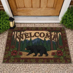Black Bear WELCOME Pine Forest Mountain Flowers - Cabin Decor Wildlife Lover Gift Doormat