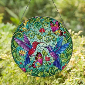Hummingbird Butterfly Abstract Foliage - Home Decor Gift for Nature Lovers Stained Glass Suncatcher