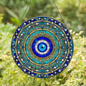 Mystical Evil Eye Nazar Amulet Golden Frame Stained Glass Mosaic - Home Decor Gift Stained Glass Suncatcher