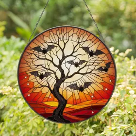 Gnarled Leafless Tree Bats Full Moon Stars Sunset - Nature Decor Gift for Bat Lovers Stained Glass Suncatcher