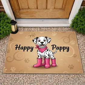 Friendly Dalmatian Puppy Pink Boots 'Happy Pappy' - Home Decor Gift for Dog Lover Doormat