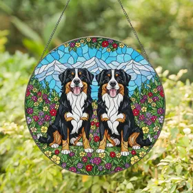 Bernese Mountain Dogs Wildflower Meadow Mountain Peaks Home Decor Gift for Dog Lover Stained Glass Suncatcher