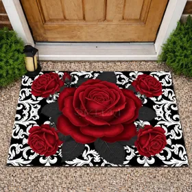 Realistic Deep Red Rose Rose Buds Baroque Scroll - Everyday Home Decor Gift Doormat