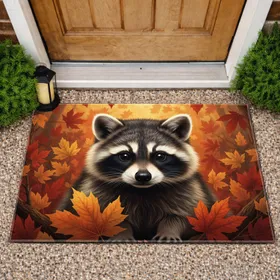Expressive Baby Raccoon Autumn Foliage - Wildlife Lover Home Decor Gift Doormat
