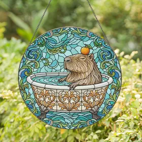 Capybara Clawfoot Bathtub Orange Fruit - Home Decor Gift for Wildlife Lover Stained Glass Suncatcher