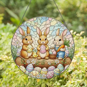 Easter Bunnies Easter Eggs Daisy Flowers Wooden Log - Easter Home Decor Gift Stained Glass Suncatcher