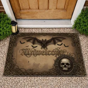 Unwelcome Bat Skull Gothic Baroque Scroll Thorn Vines - Dark Academia Home Decor Gift Doormat