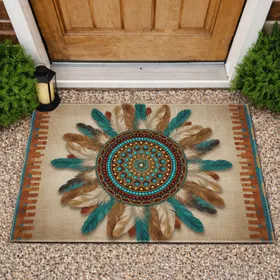 Mandala Feathers Tribal Hand-Woven Textile Southwestern Bohemian Home Decor Gift Doormat