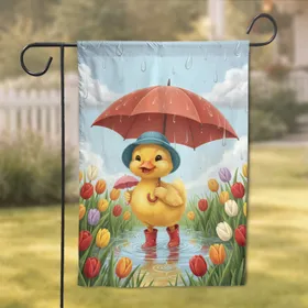 Fluffy Baby Duckling Blue Rain Hat Red Boots Puddle - Spring Tulips Home Decor Gift Garden Flag