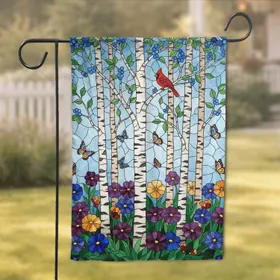 Stained Glass Birch Tree Garden Cardinal Butterflies - Home Decor Gift for Nature Lover Garden Flag