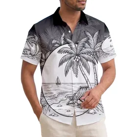 Palm Trees Beach Chair Sailboat Tropical Scene - Coastal Home Decor Gift for Travelers Hawaiian Shirt