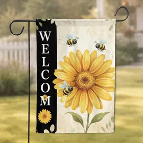 Large Yellow Daisy Playful Bees Welcome Black Stripe - Home Decor Gift Garden Flag