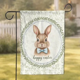 Fluffy Brown Bunny Blue Bow Tie Happy Easter - Easter Holiday Gift Garden Flag