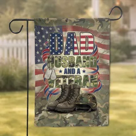 Dad Husband Veteran American Flag Dog Tags Boots Helmet - Military Appreciation Gift Garden Flag