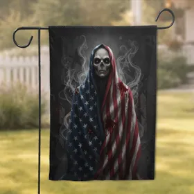 Blood-Splattered Tattered American Flag Skeletal Figure - Gothic Home Decor Garden Flag