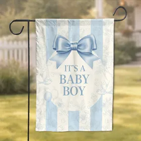 Light Blue Bow Baby Boy Text Flowers Birds Balloons - Baby Shower Gift Garden Flag