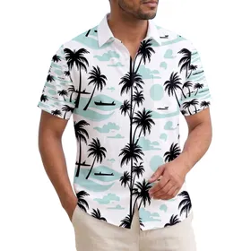 Tropical Palm Trees Ocean Waves Canoe Sun Horizon - Vacation Lifestyle Travel Gift Hawaiian Shirt