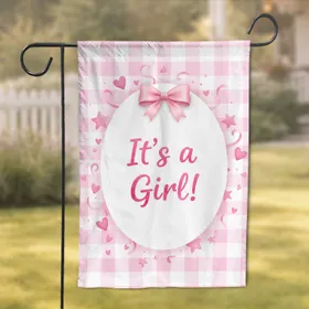 It's a Girl! White Oval Pink Bow Gingham - New Baby Girl Celebration Decor Garden Flag