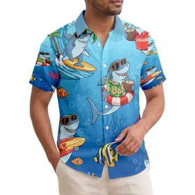 Cartoon Sharks Surfing Beach Bar Tropical Underwater - Summer Ocean Gift Hawaiian Shirt